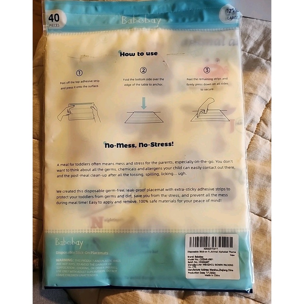 Disposable Stick-on Placemats 40 Pack for Babies 12"x18" Animal Patterns Babebay - Picture 3 of 5